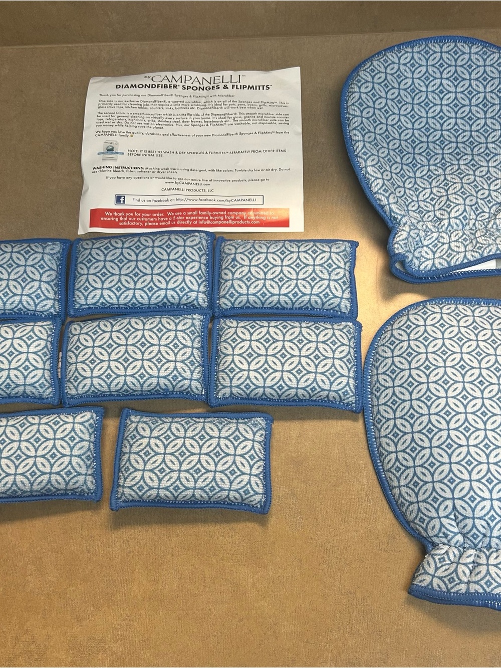 Lot Of 10 CAMPANELLI DIAMOND FIBER Scrub Sponges & Flip Mitts Blue Geometric